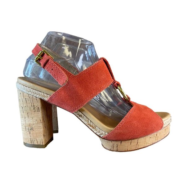 COACH VALEANN Tulip Burnt Orange Suede Cork Heel Platform Strappy Sandals 9.5 - Picture 1 of 7